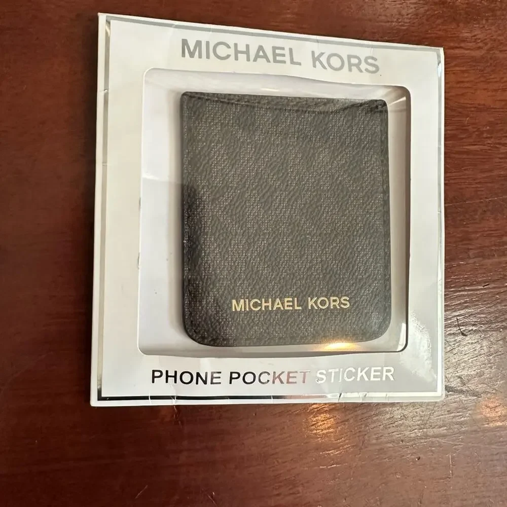 MICHAEL KORS Brown Gold Monogram Logo Leather Phone Pocket Sticker Wallet
